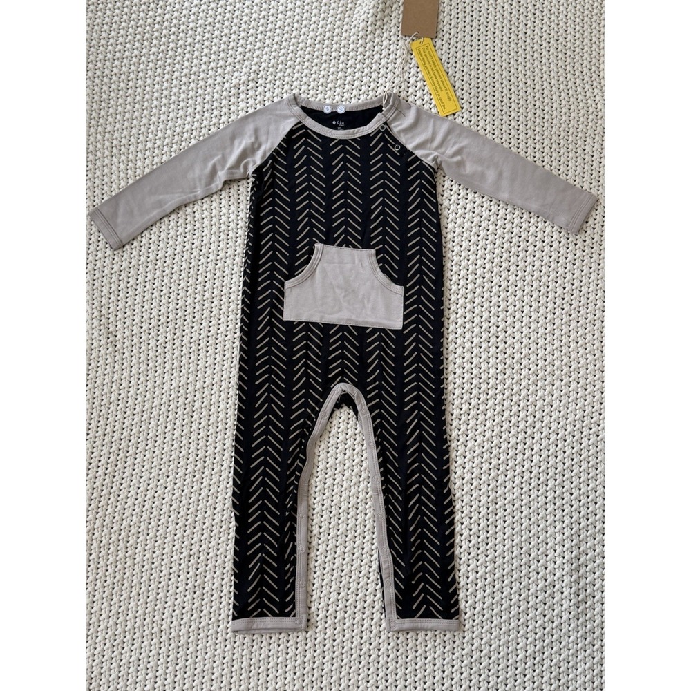 Kyte Baby Bamboo Herringbone Khaki & Midnight‎ Romper Longalls 3T Geometric NWT